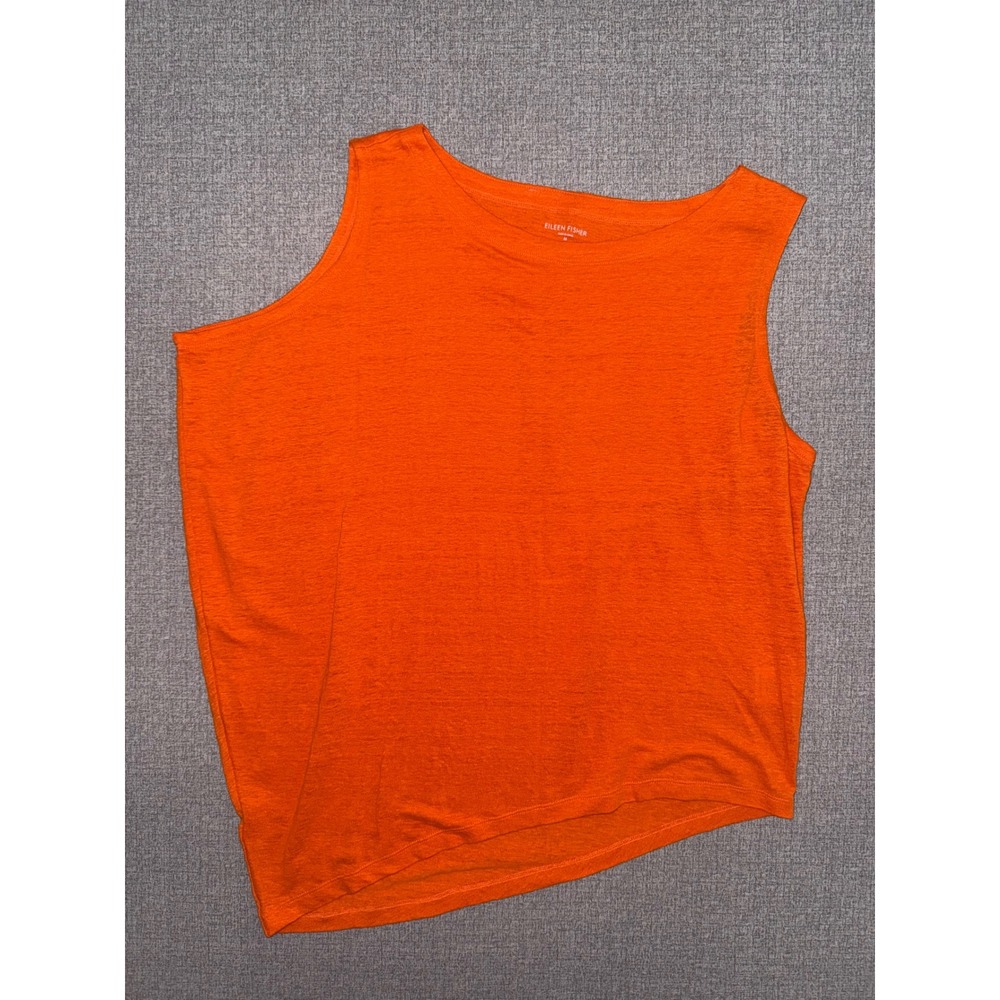 Excellent Eileen Fisher Medium  M Tank Top Orange Organic Linen Asymmetrical Hem